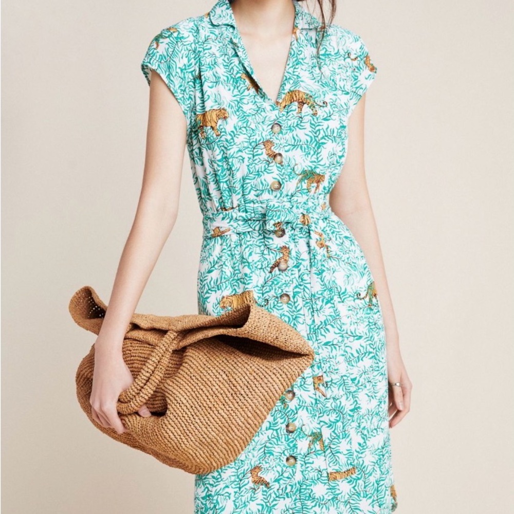 Maeve Teal and Gold Tiger Print Midi Dress